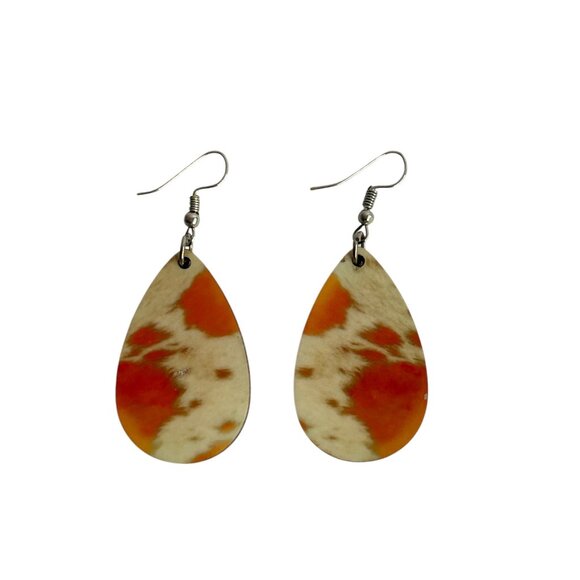 Teardrop Earrings For Women In Orange & White Geometric Design - Picture 1 of 3